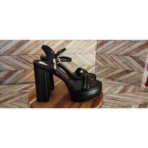 Women Michael Kors Laci Leather Platform Black Ankle Strap Sandal Heel Size 7.5